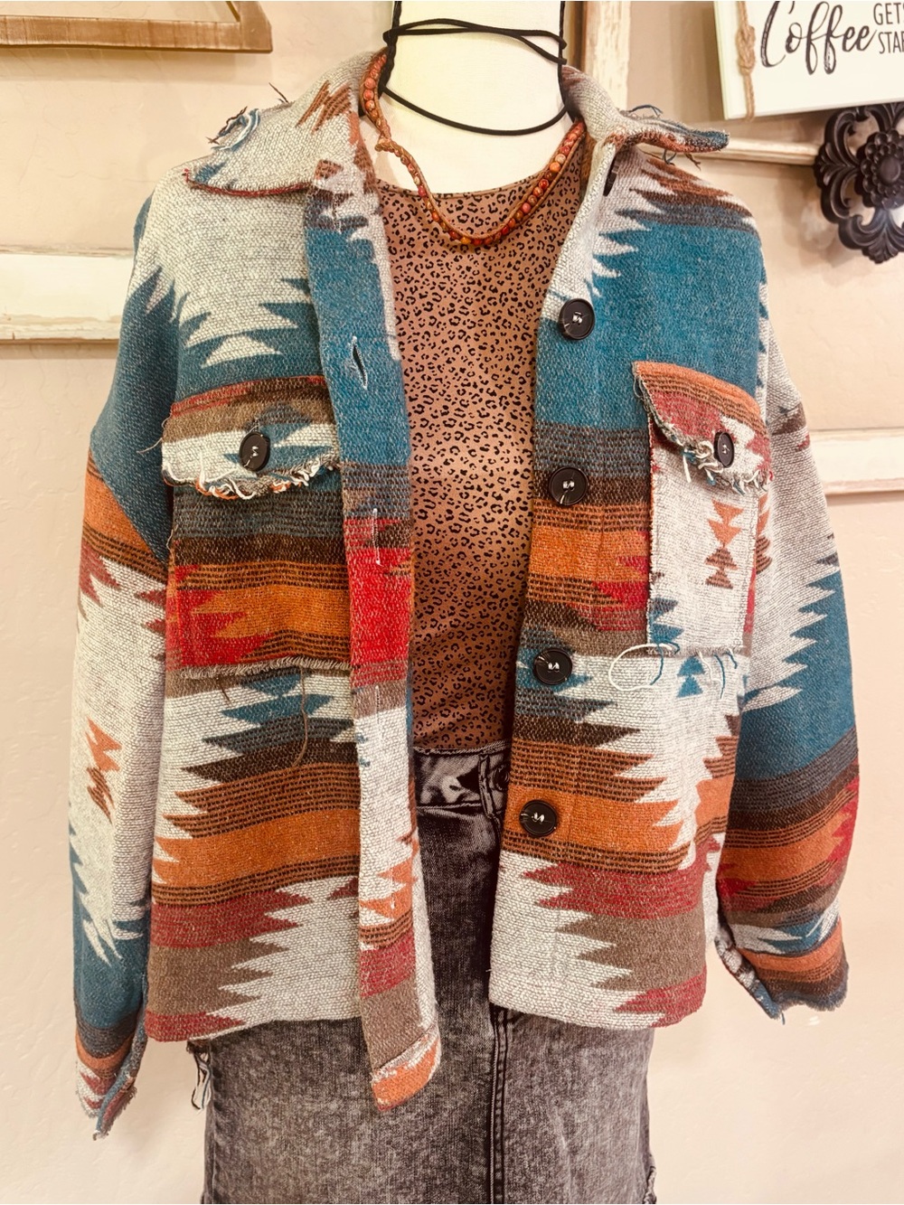 Women’s Aztec Southwestern Print Shacket Jacket - Teal & Rust